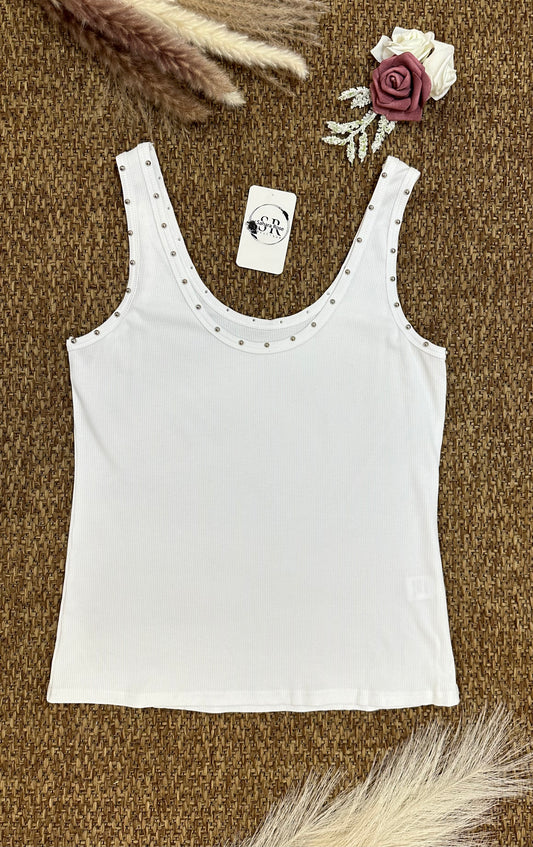 White studded neckline ribbed tank top