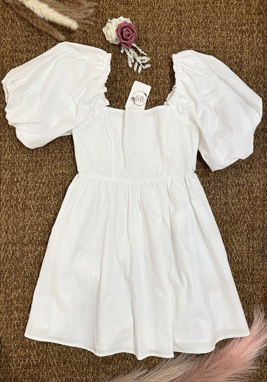 Marion Oversized Puff Sleeve Baby Doll Mini Dress- White