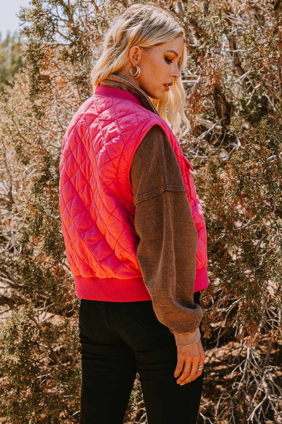 Plus Solid Quilt Hot Pink Button Down Vest