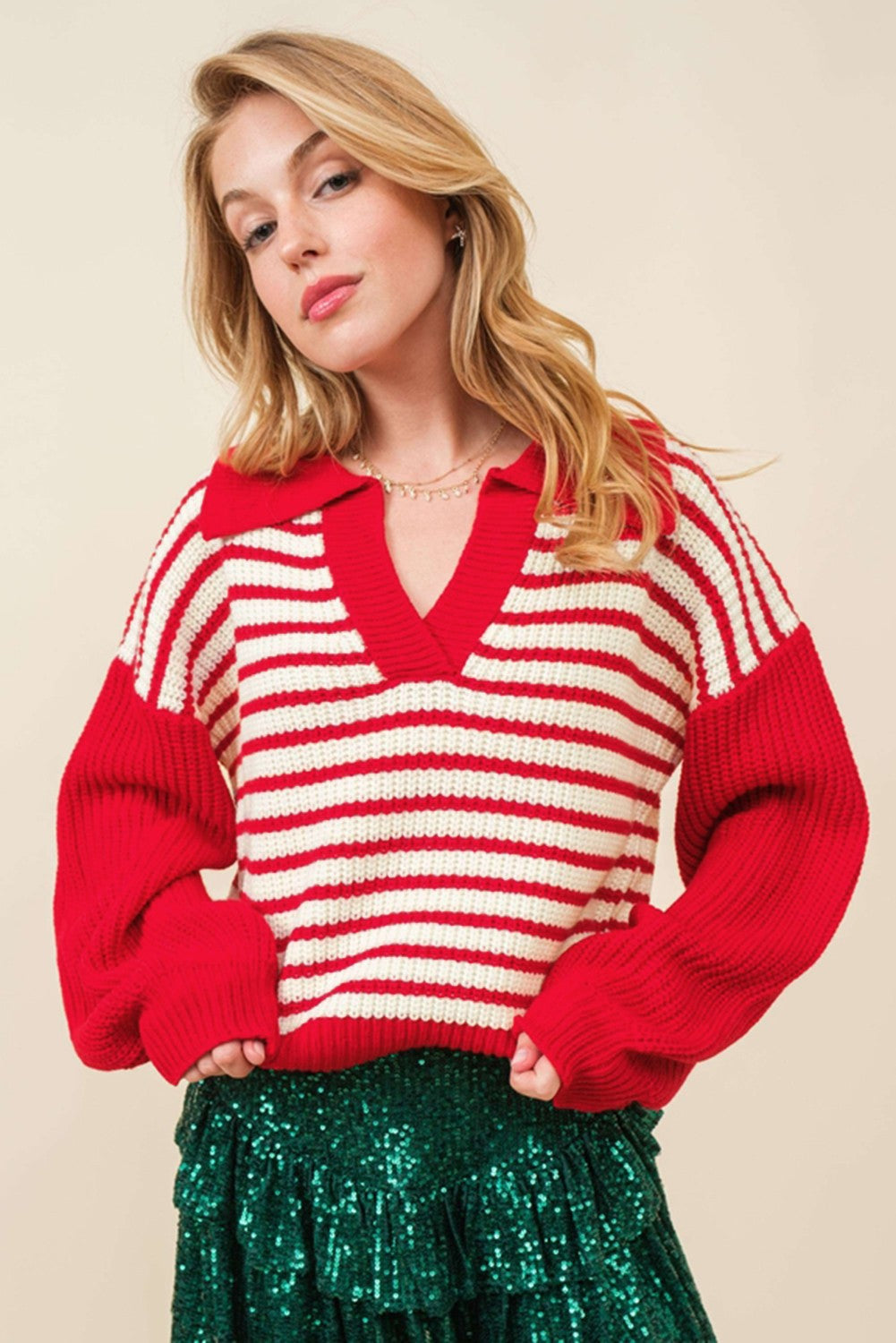 Stripe Lantern Sleeve Collared Sweaters