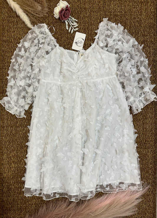 White Butterfly Detailed Organza Babydoll Mini