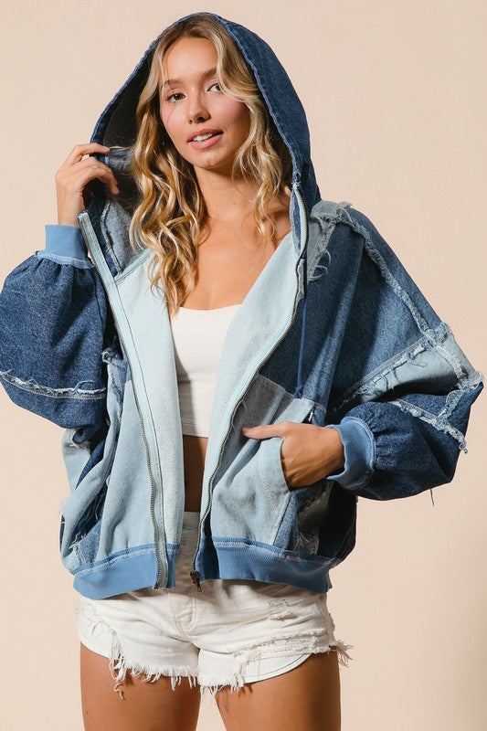 Color Block Washed Denim Zip Up Hoodie With Pockets