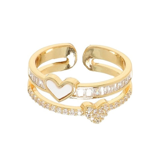 Gold Plated CZ Heart Themed Double Cuff Ring