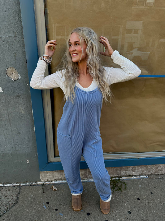 Denim Ribbed Sleeveless Jumpsuit