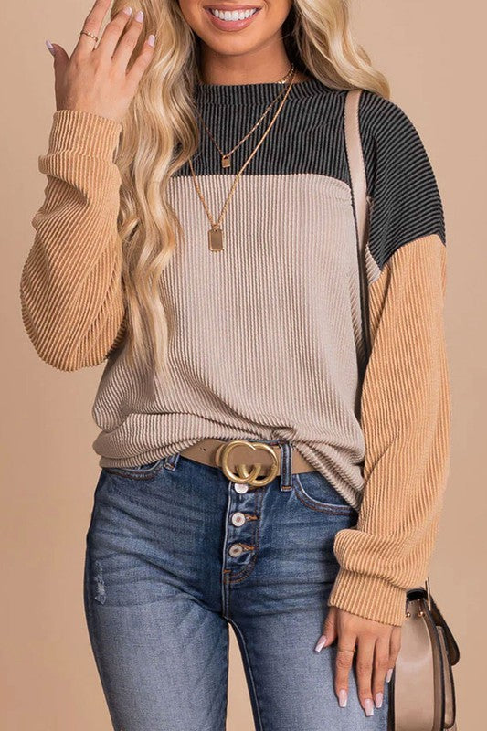 Block Long Sleeve Ribbed Loose Top