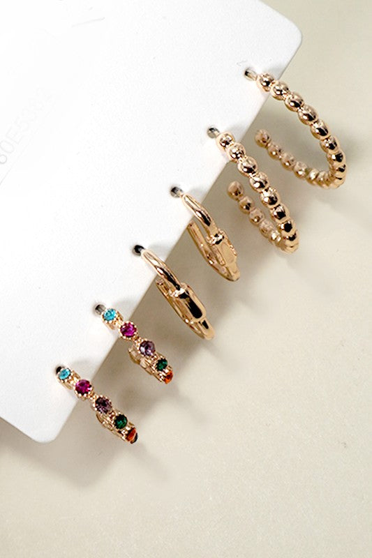 Trio Rhinestone Ball Huggie Hoop Earrings Set