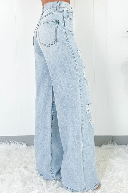 Light Wash Distressed High Waist Wide Leg Jeans