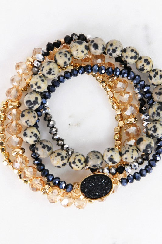 Natural Dalmatian Stone And Crystal Bracelet Set