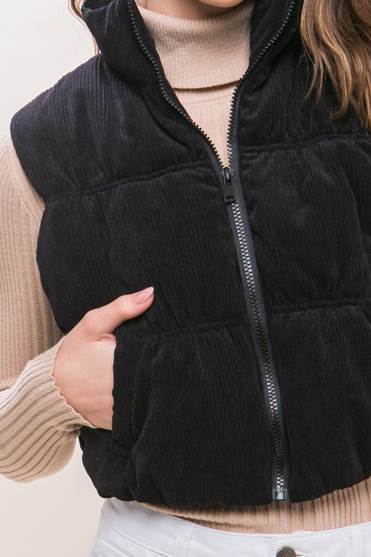 Corduroy Zip Up Puffer Vest with Pockets