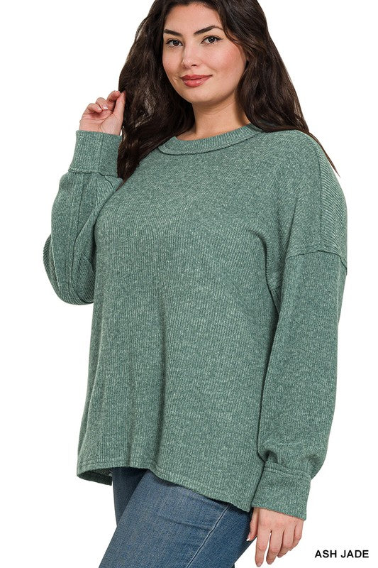 Plus Brushed Ribbed Hacci Dropped Shoulder Sweater