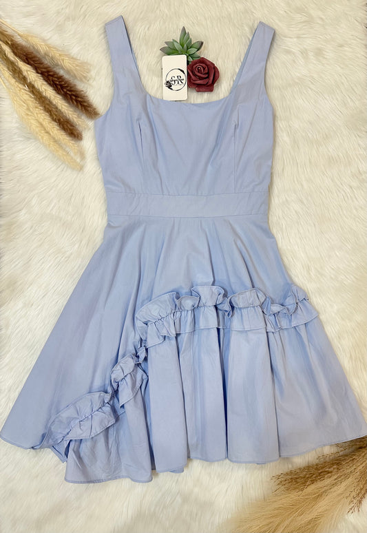 Light Blue Poplin Strap Ruffle Mini Dress