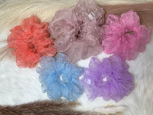 Embroidered swiss dot tulle scrunchie