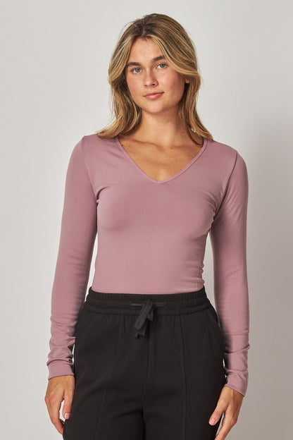 Fleece Lined Seamless V Neck Long Sleeve