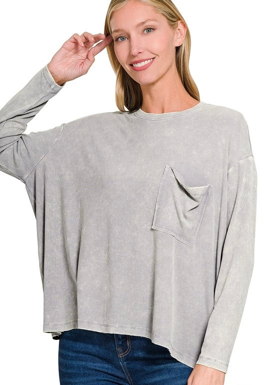 Washed Ribbed Dolman Sleeve Round Neck Top