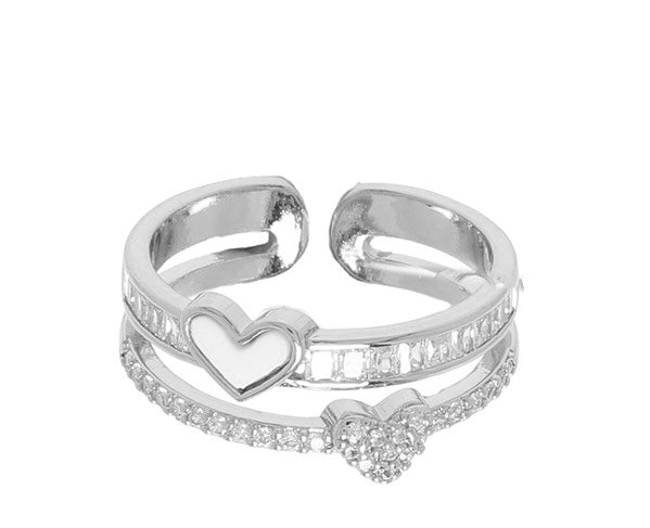 Gold Plated CZ Heart Themed Double Cuff Ring