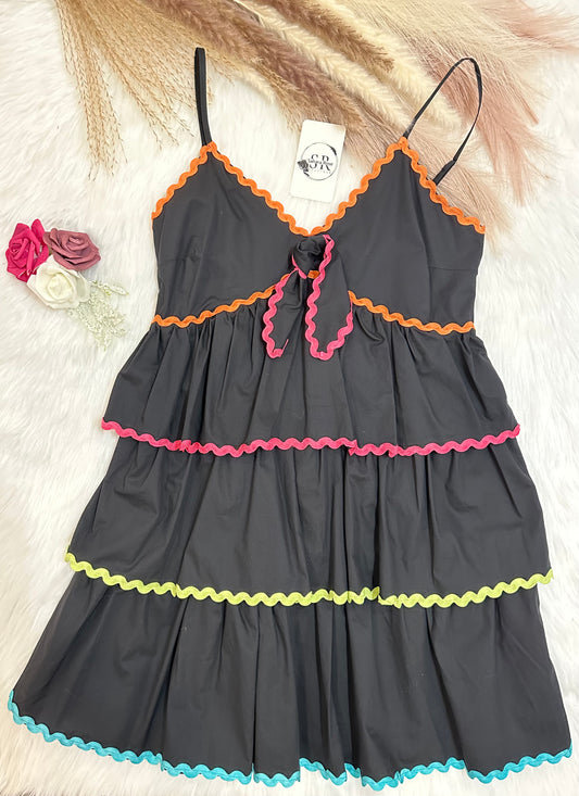 Black and rainbow scallop mini dress