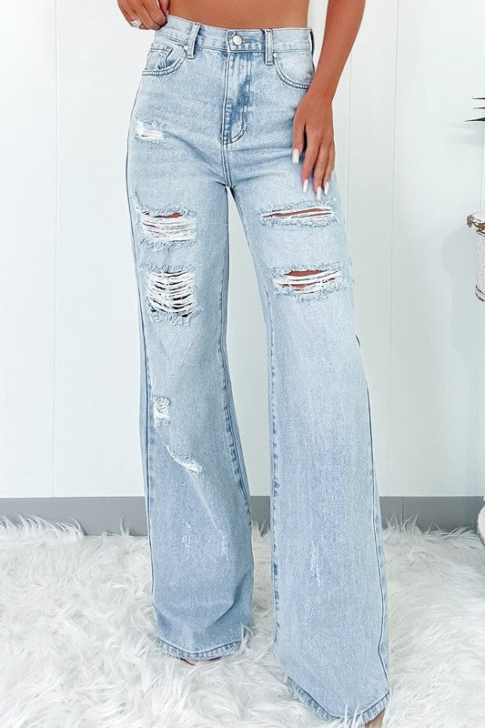 Light Wash Distressed High Waist Wide Leg Jeans