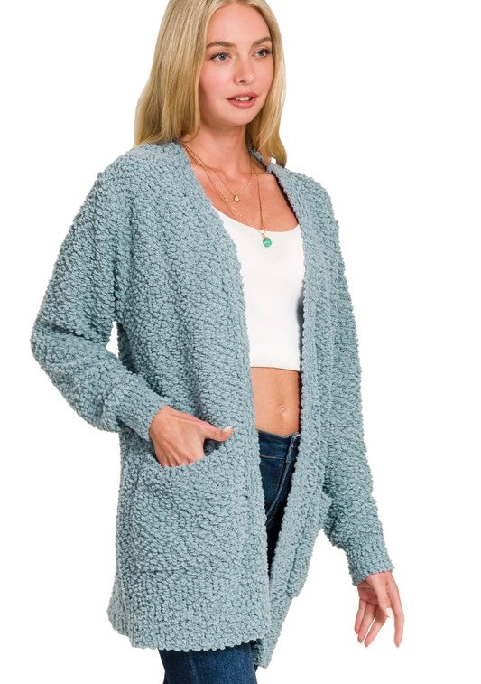 Long Sleeve Popcorn Sweater Cardigan With Pockets