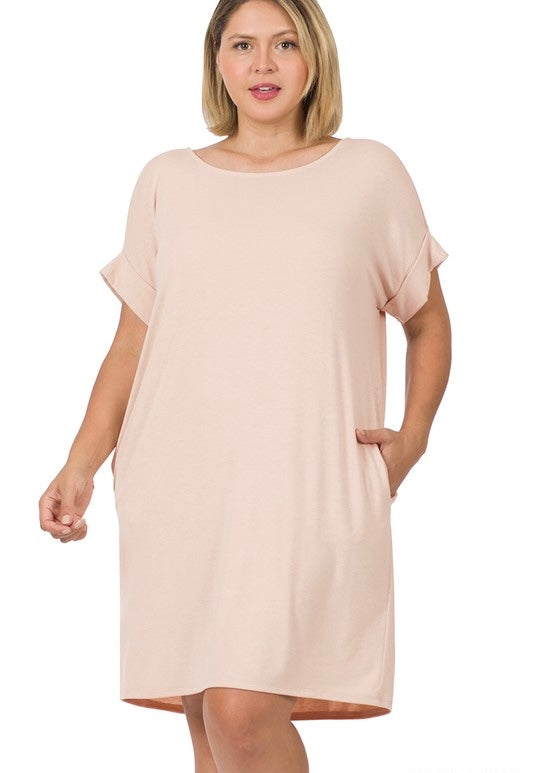 Plus Rolled Short Sleeve Round Neck Dress