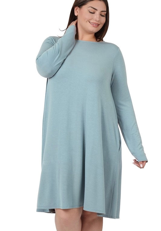 Plus Long Sleeve Flare Dress With Pockets