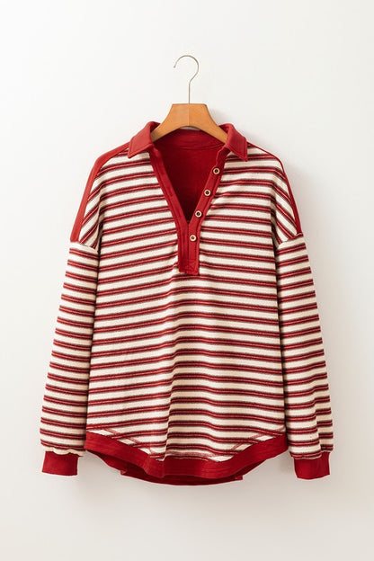 Stripe Collared Button V-Neck Top