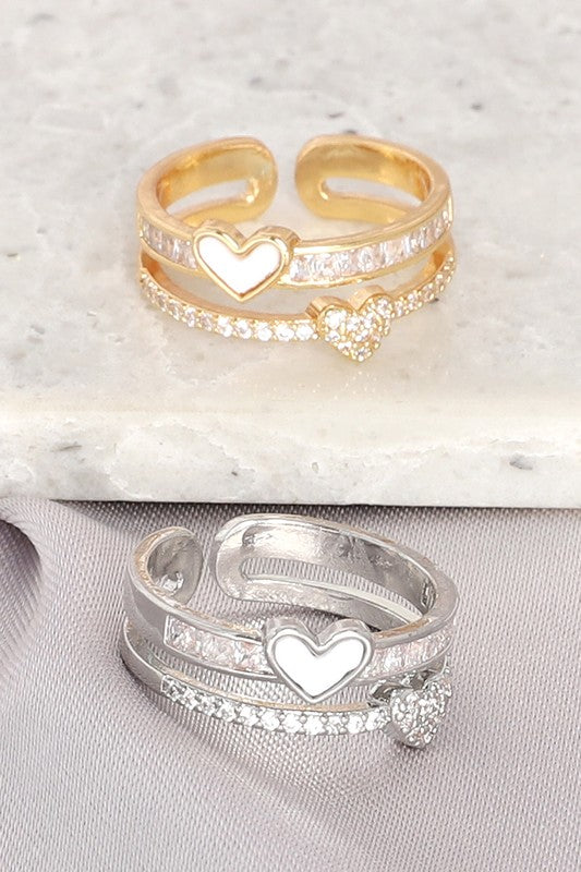 Gold Plated CZ Heart Themed Double Cuff Ring