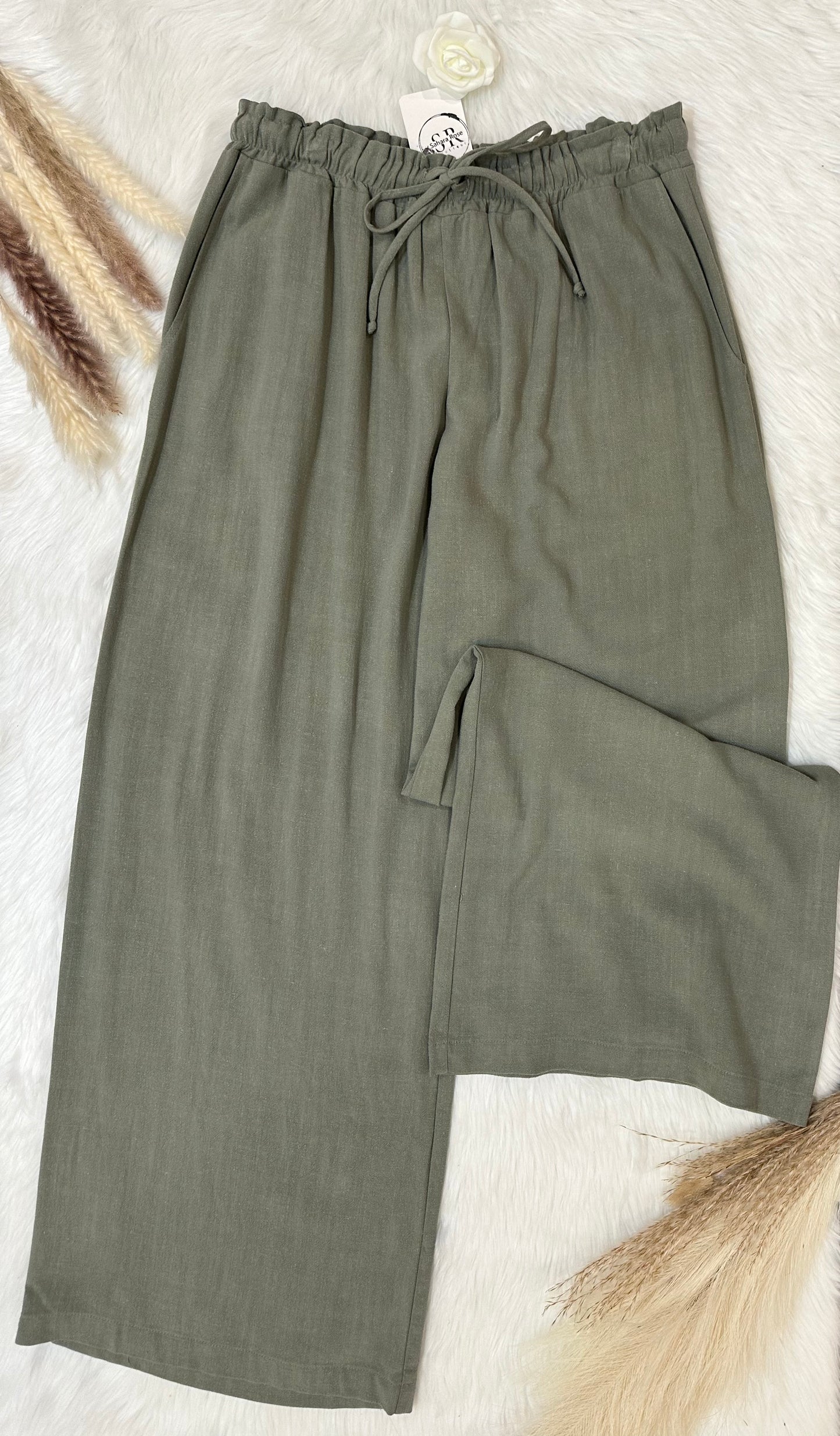 Wide Leg Rayon Linen Pant with Ruffle Waist Band