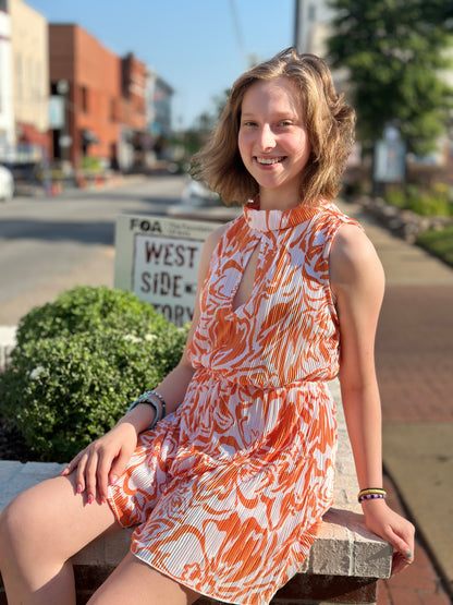 Orange Floral Print Fortuny Pleated Romper