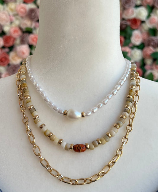 Tri-layered beaded pearl, beaded, chain choker necklace