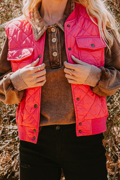 Plus Solid Quilt Hot Pink Button Down Vest